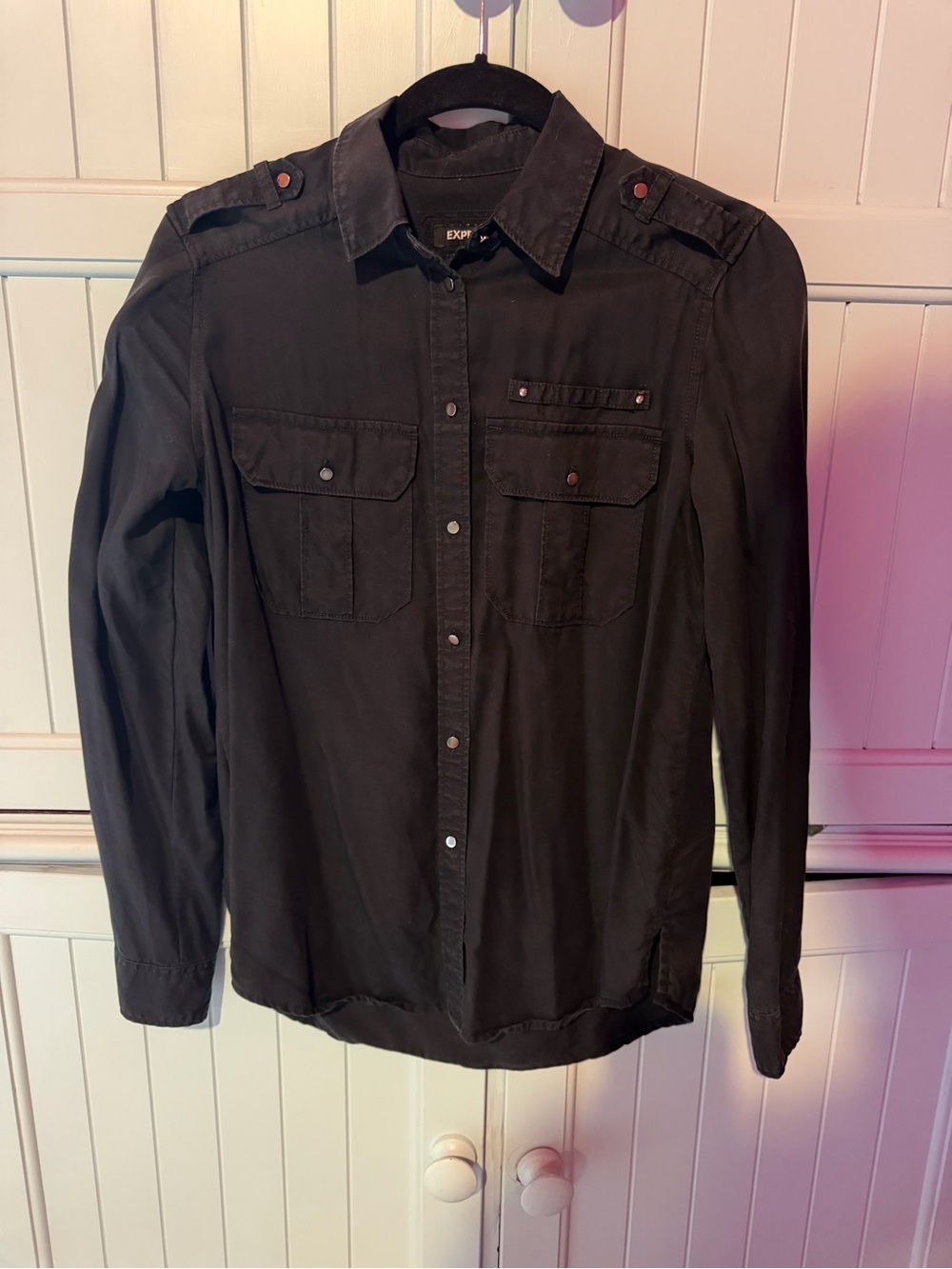 Express Women's  Black Button-Front Boyfriend Utility Shirt